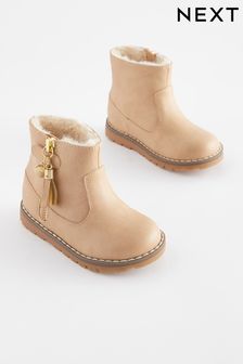 Beige Brown Warm Lined Tassel Detail Zip Boots