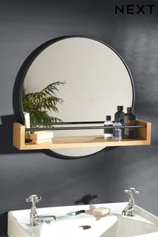 Natural Natural Bronx Shelf Storage Round Wall Mirror