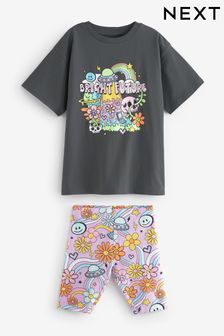 Charcoal Grey Bright Character Oversized T-Shirt and Cycle Shorts Set (3-16yrs)