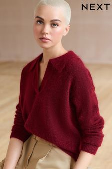 Red Premium Wool Blend V-Neck Collared Jumper