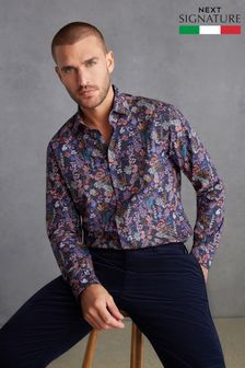 Navy Blue Floral Signature Made In Italy Texta Print Shirt