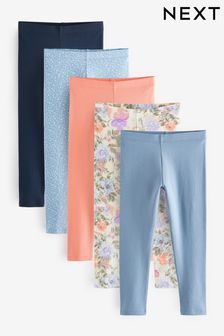 Blue/Coral Orange Floral Print Leggings 5 Pack (3-16yrs)