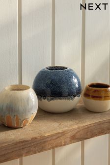 Blue/Natural Set of 3 Blue/Natural Reactive Ceramic Tealight Candle Holders