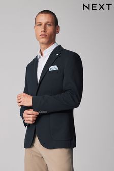 Navy Blue Textured Jersey Blazer With Stretch