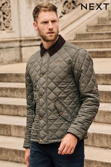 Khaki Green Diamond Quilt Corduroy Collared Jacket