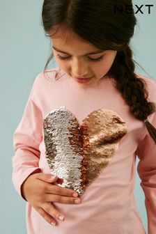 Pink/Gold Long Sleeve Sequin Heart T-Shirt (3-16yrs)