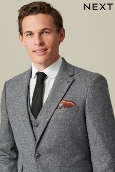 Grey Regular Fit Nova Fides Italian Fabric Herringbone Textured Wool Blend Suit Jacket