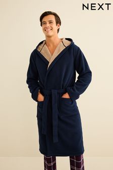 Navy Blue Borg Lined Hooded Dressing Gown