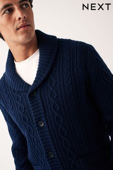 Navy Blue Regular Shawl Cable Knitted Cardigan