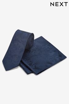 Navy Blue Floral Tie And Pocket Square Set