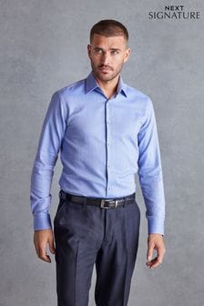 Blue Herringbone Signature Trimmed Single Cuff Shirt