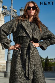 Textured Monochrome Herringbone Belted Quilt Lined Trench Style Coat