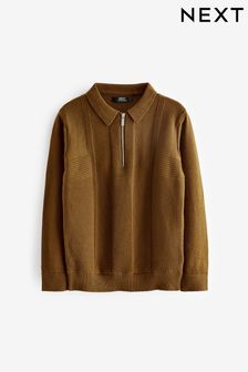 Brown Textured Knit Zip Neck Long Sleeve Polo Shirt (3-16yrs)