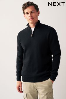 Black Regular Cotton Premium Zip Neck Jumper