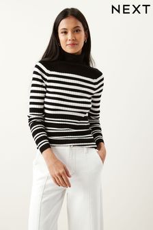 Black and White Stripe Ribbed Roll Neck Jumper