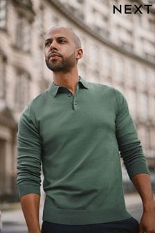 Green Regular Knitted Long Sleeve Polo Shirt