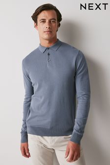 Slate Blue Regular Knitted Long Sleeve Polo Shirt