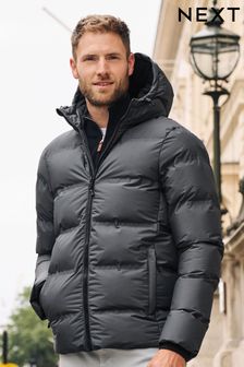 Slate Grey Shower Resistant Hooded Puffer Jacket