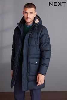 Navy Blue Textured Longline Puffer Jacket