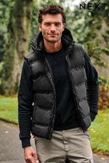 Black Shower Resistant Padded Hooded Gilet