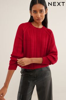 Red Ribbed Crew Neck Jumper