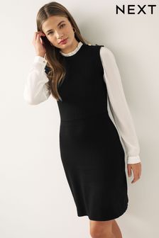 Black Knitted Pinafore Layer Dress
