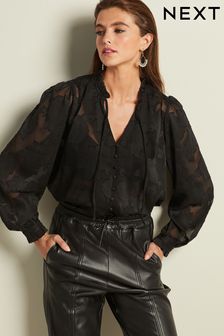 Black Long Sleeve Jacquard Blouse