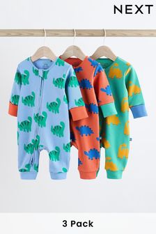 Bright Dino Zip Baby Sleepsuits 3 Pack (0-3yrs)