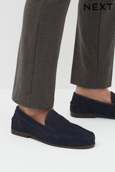 Navy Blue Suede Penny Loafers
