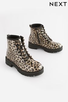 Leopard Print Warm Lined Lace-Up Boots