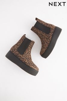 Tan Brown Animal Print Chunky Chelsea Boots