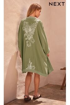 Green Butterfly Longline Embroidered Kimono Cover-Up