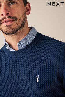 Navy Blue Mini Cable Regular Mock Shirt Knitted Crew Jumper