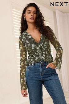 Khaki Green Ditsy Floral Long Sleeve Ruffle Front Mesh Top