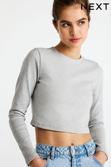 Grey Marl Double Layer Ribbed Long Sleeve Crew Neck Top