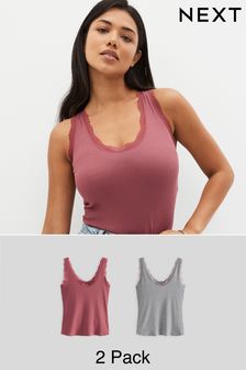 Grey/Rose Pink Rib Lace Trim Vests 2 Pack