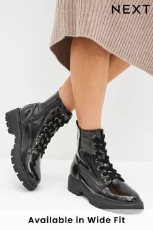 Black Textured Patent Forever Comfort® Lace-Up Boots
