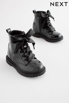 Black Patent Warm Lined Lace-Up Boots