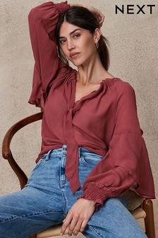 Rosewood Gathered Tie Neck Volume Sleeve Blouse