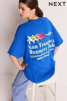 Blue Cobalt Relaxed Fit Slogan Graphic San Francisco Runners Club T-Shirt