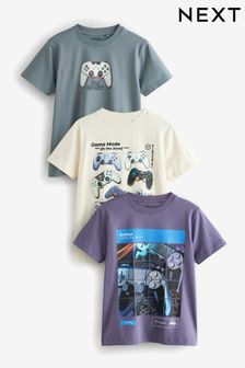 Grey/Purple/Ecru Gamer Regular Fit Graphic Short Sleeve 100% Cotton T-Shirts 3 Pack (3-16yrs)