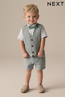 Sage Green Puppytooth Waistcoat, Shirt, Shorts and Bow Tie Set (3mths-9yrs)