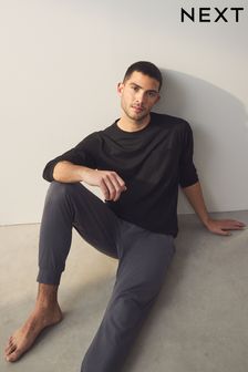 Black/Grey Long Sleeve Cuffed 100% Cotton Pyjamas