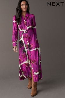 Pink Floral Long Sleeves Midi Shirt Dress