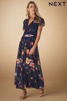 Navy Blue Floral Pleated Mesh Print V-Neck Occasion Midi Dress