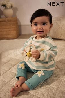 Green/ White Stripe Flower Sweater and Leggings Set