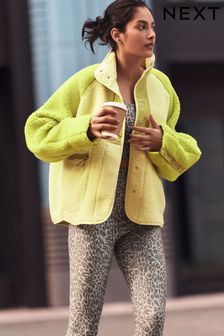 Lime Green Woven Mix Teddy Borg Fleece Popper Front Jacket