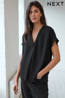 Black Relaxed Fit Short Sleeve Overhead V-Neck Blouse