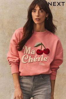 Pink Ma Cherie Cherry Heavy Boucle/Embroidery Graphic Crewneck Sweatshirt