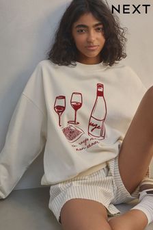 Ecru/Burgandy Red Wine Flocked Fun Graphic Crew neck Sweatshirt